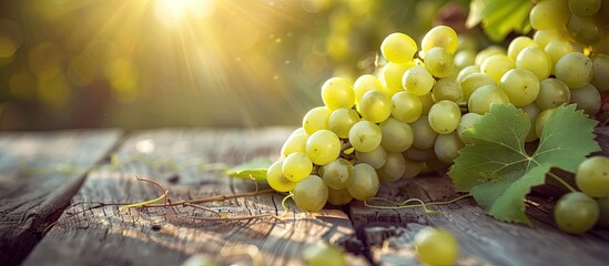 Wall Mural - White grapes spilled on a wooden table. with copy space image. Place for adding text or design