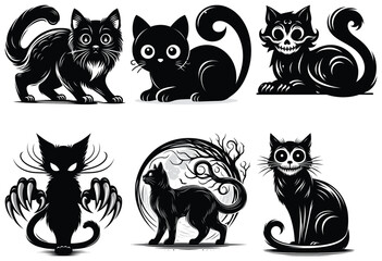 Stylized black cat illustrations in various poses and moods on white background, Halloween decor