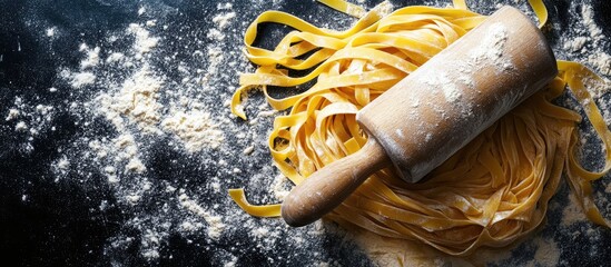 Aufkleber - Homemade uncooked tagliatelle pasta and dough rolling on a black background Preparing fresh Italian tagliatelle The word pasta made from flour Banner. with copy space image