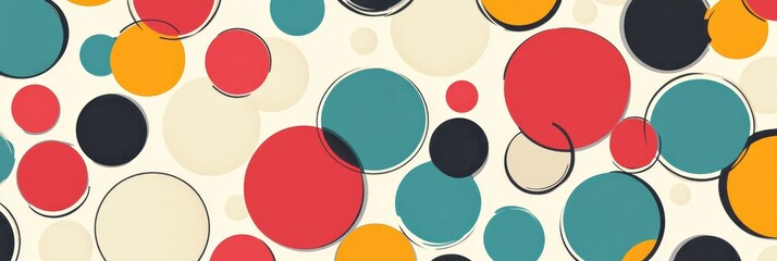 Poster - Abstract Colorful Circles Background - A vibrant and playful pattern featuring overlapping circles in red, blue, yellow, black, and beige colors on a cream background.  The design evokes a sense of en