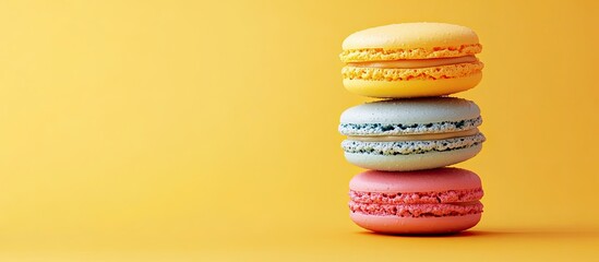 Leinwandbilder - multicolored macaron against a pastel yellow background copyspace