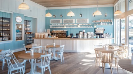 Leinwandbilder - A welcoming coffee shop features wooden tables and bright blue walls, creating a warm and inviting environment for customers to enjoy their drinks.