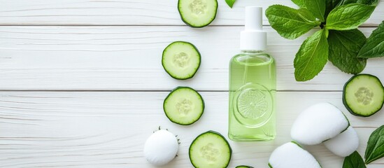 Poster - Homemade refreshing cucumber facial toner in a bottle accompanied by slices of green cucumber and cotton pads set against a white wooden background Copy space