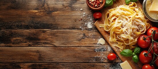 Poster - Pasta tomato tagliatelle and parmesan cheese meal snack on the table copyspace food background rustic top view