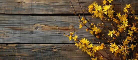 Poster - Yellow forsythia against a rustic wooden background. with copy space image. Place for adding text or design