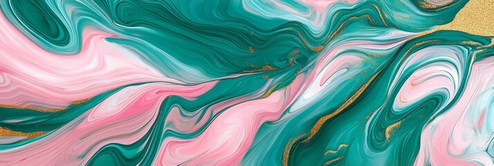 Poster - Abstract Green, Pink, and Gold Swirls for Website and Design - A beautiful abstract design with vibrant swirls of green, pink, and gold. The colors and patterns evoke a sense of movement, energy, and 