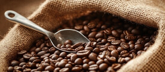 Fototapete - Close up image of coffee beans with a scoop in a burlap bag. with copy space image. Place for adding text or design