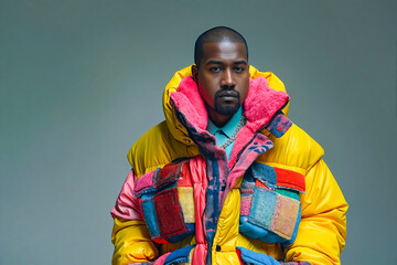 Canvas Print - A man in a yellow jacket and colorful jacket holding a pair of gloves.