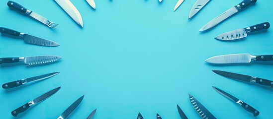 Aufkleber - Empty copy space circle surrounded by knives on a blue background