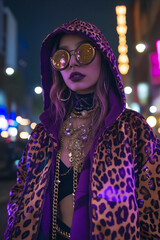 Wall Mural - A woman in a leopard print jacket and sunglasses standing in the middle of a city at night