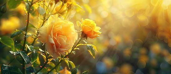 Aufkleber - Yellow Rose flowers in a summer garden Yellow Roses captured with a shallow depth of field. with copy space image. Place for adding text or design