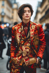 Wall Mural - A man in a red and gold suit is standing on the street