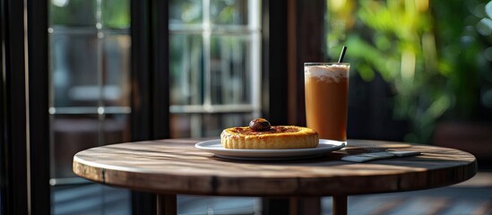Poster - A simple breakfast and a cold drink on a wooden table beside a glass door sausage pie on a round white plate with an iced chocolate beverage. with copy space image. Place for adding text or design