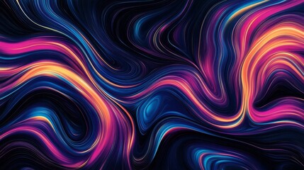 Poster - Abstract Swirling Liquid Art in Vibrant Colors - A mesmerizing abstract background with swirling, fluid lines in a palette of bright purple, blue, and orange. The lines flow and dance across the dark 