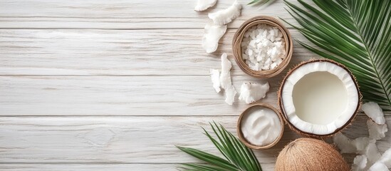 Poster - Coconut spa products on a light wooden surface. with copy space image. Place for adding text or design