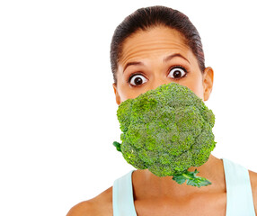 Female person, portrait and broccoli for nutrition, health and antioxidant in studio on white background. Black woman, vegetable and detox for green diet, lose weight and wellness with surprise