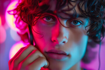 Canvas Print - A young man with curly hair and blue eyes in a neon light