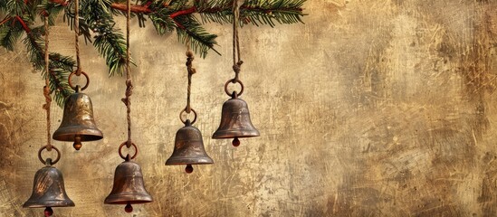 Rustic golden Christmas bells set on hessian and a rustic backdrop. with copy space image. Place for adding text or design