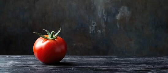 a single tomato on a rustic black wooden table. with copy space image. Place for adding text or design