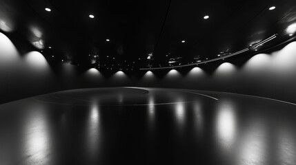 Poster - A 360-degree full panorama of a black minimalistic studio environment, featuring bright lights and reflections. The 3D render includes HDRI (High Dynamic Range Imaging) for virtual reality or HDR.