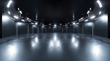 Poster - A 360-degree full panorama of a black minimalistic studio environment, featuring bright lights and reflections. The 3D render includes HDRI (High Dynamic Range Imaging) for virtual reality or HDR.
