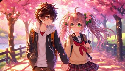 young anime boy and girl couple on a date