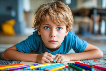 Poster - A young boy laying on the floor with colored pencils