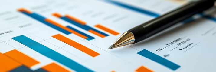Poster - Analyzing Financial Data with a Pen and Bar Graph - A pen lies on a financial report, symbolizing analysis, strategy,  growth,  decision making,  and success.