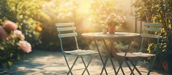 Poster - Empty table and chair on the patio in the garden Vintage Light Filter. with copy space image. Place for adding text or design