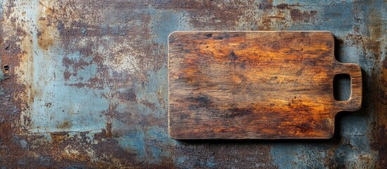 Poster - Top view of a wooden cutting board on a weathered rusty metal countertop. with copy space image. Place for adding text or design