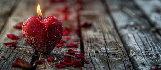 Aufkleber - Red heart shaped candles burning on a rustic white wooden table Background for Valentine s Day and Mother s Day Toned image with soft focus. with copy space image. Place for adding text or design
