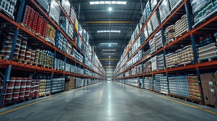 Poster - A large industrial warehouse with rows of shelves filled with products. Generative AI.