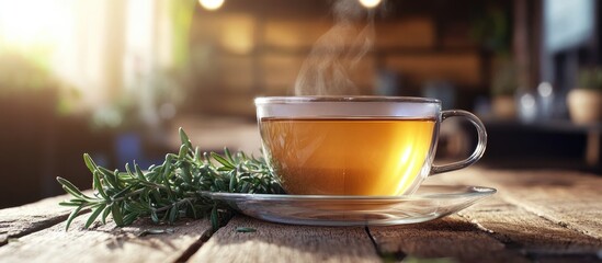 Aufkleber - Cup of fragrant herbal tea with fresh rosemary and thyme on a wooden table. with copy space image. Place for adding text or design