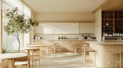 Poster - A bright cafe features wooden chairs and tables, large windows letting in sunlight, and a clean, minimalist counter area.
