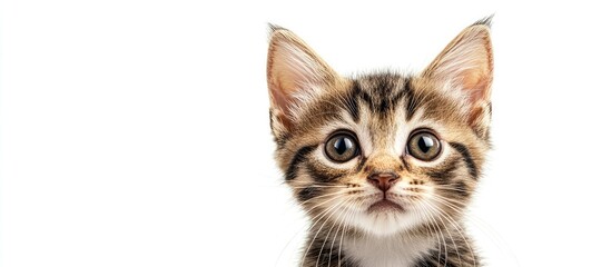 Poster - Portrait of an adorable European kitten set against a white background Animal portrait. with copy space image. Place for adding text or design
