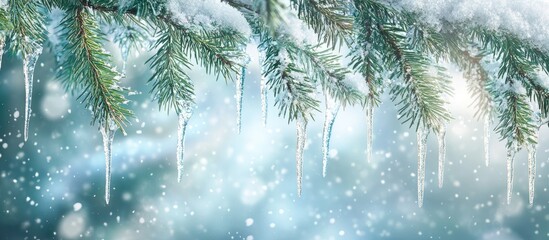 Poster - Close up of snow covered spruce branches Winter Christmas backdrop Icicles hanging from spruce branches dripping with melting water. with copy space image. Place for adding text or design