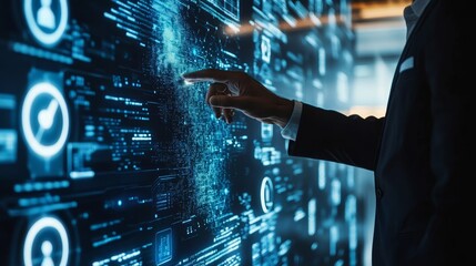 Poster - Businessman Interacting with Digital Data on Interactive Screen - A businessman uses a finger to interact with a large, digital screen displaying complex data, symbolizing innovation, technology, data