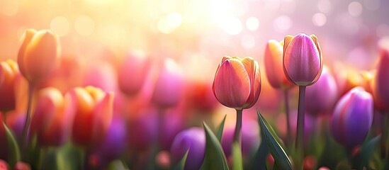 Poster - Vibrant tulips bloom in spring creating a bokeh floral backdrop pastel and soft for a card with a selective focus A colorful tulip field is highlighted with selective focus Background of nature flowe
