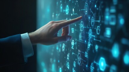 Poster - Businessman Interacting with Digital Interface, Innovation, Technology, Future, Progress - A businessman's hand reaches out to touch a digital interface filled with icons, symbolizing innovation, tech