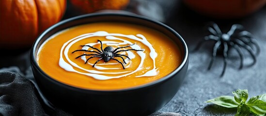 Aufkleber - Pumpkin cream soup topped with a spider web of fresh cream in a black bowl. with copy space image. Place for adding text or design