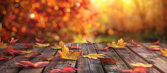 Poster - Vibrant yellow and red leaves on a wooden desk Classic autumn backdrop. with copy space image. Place for adding text or design