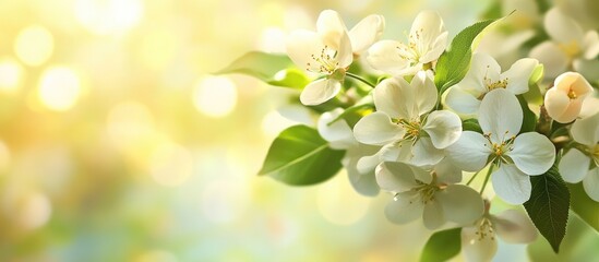 Poster - Beautiful flowering apple trees A background featuring blooming flowers on a spring day The blossoming of cherry flowers in spring with green leaves creating a natural floral seasonal background with