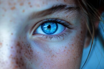 Teenager girl with freckles showing beautiful blue eye closeup