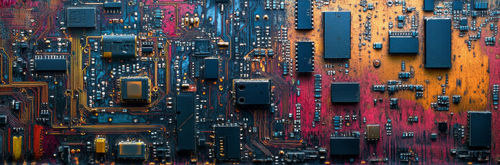 Poster - Closeup of a Colorful Circuit Board with Microchips and Connections - A close-up photo of a circuit board with various microchips, resistors, capacitors, and connecting wires. It shows the intricate n