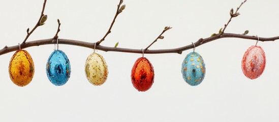 Poster - Decorative sequin eggs dangle from a branch against a white background creating an Easter backdrop with copy space