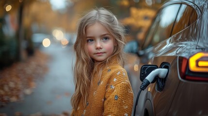 Poster - little girl charging their electric car and holding power supply cable