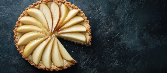 Aufkleber - Slice of pear almond cream tart Dark background top view copy space