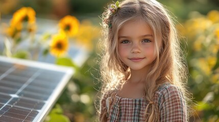 Poster - little girl holding solar panel photovoltaics saving alternative energy resources and sustainable lifestyle concept