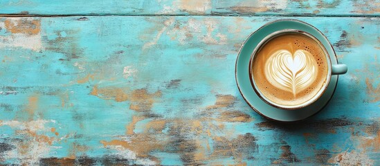 Aufkleber - Latte art in a coffee cup on a weathered vintage blue wooden table with copyspace for text