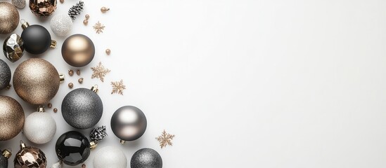 Poster - Flat lay arrangement featuring Christmas balls on a white background Christmas and New Year banner with copyspace for your text